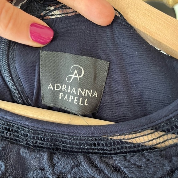 Adrianna‎ Papell Navy Blue Lacey Midi Dress - Cap Sleeves, Boat Neck, Flared Hem - Picture 8 of 12